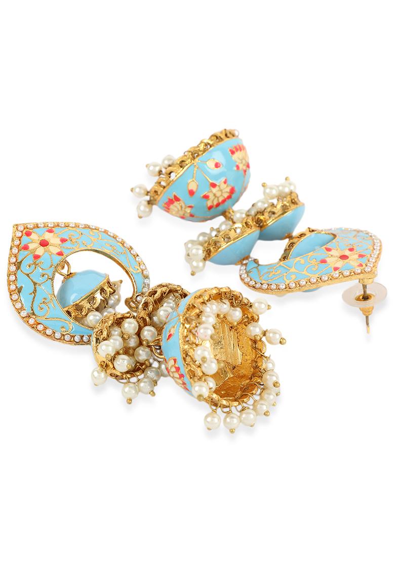 Traditional Gold Plated Temple Jhumki Meenakari Earring Onesize Blue - Indya