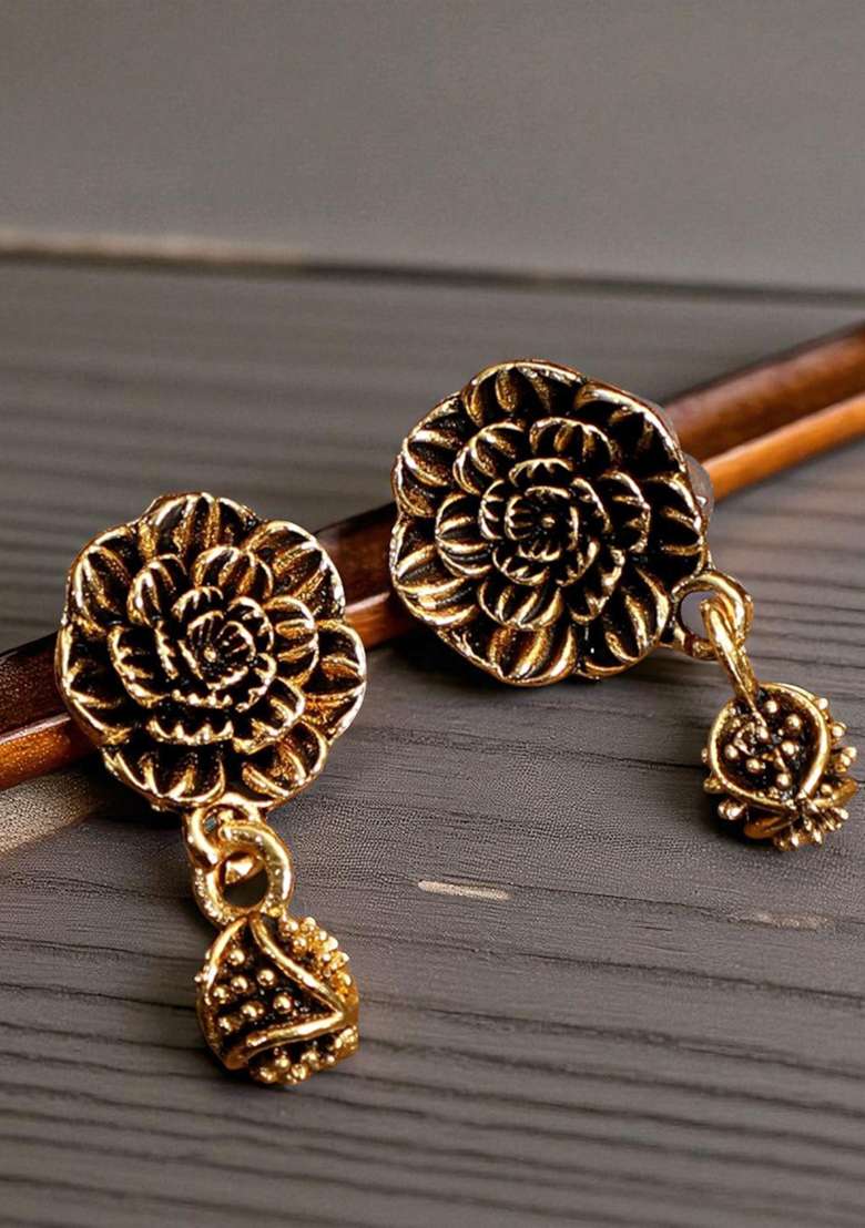 Designer Antique Polish Floral Small Drop Earring - Indya