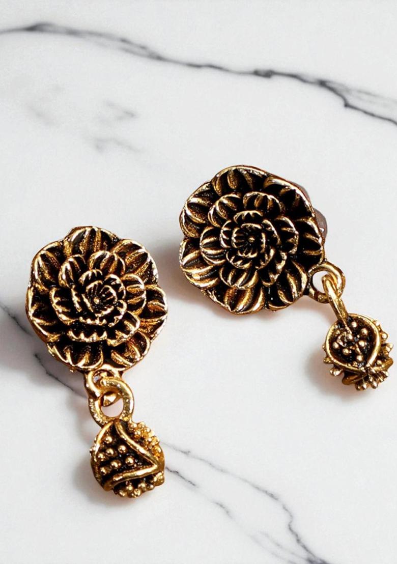 Designer Antique Polish Floral Small Drop Earring - Indya
