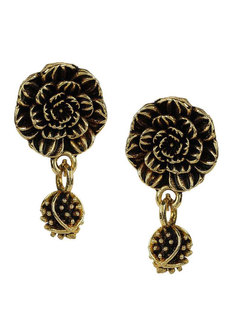 Designer Antique Polish Floral Small Drop Earring - Indya