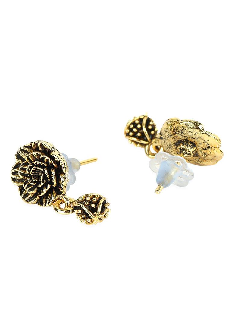 Designer Antique Polish Floral Small Drop Earring - Indya