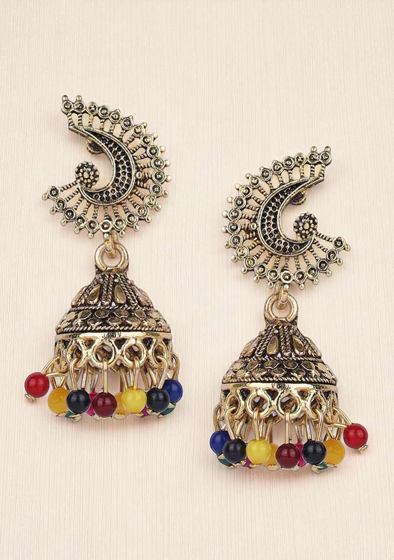 Designer Gold Plated Antique Small Jhumki Onesize Multi - Indya
