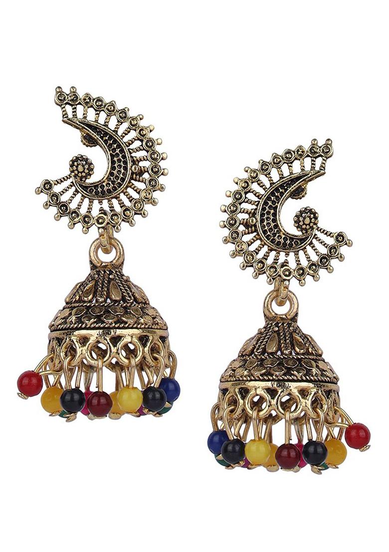 Designer Gold Plated Antique Small Jhumki Onesize Multi - Indya