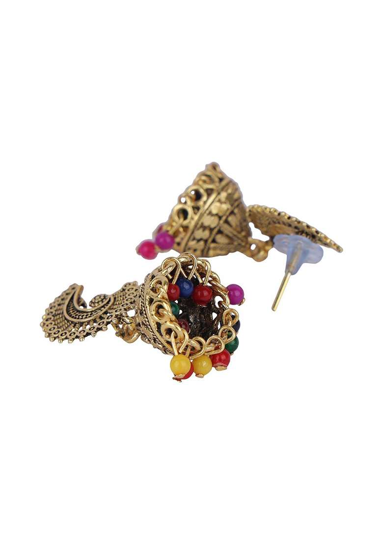 Designer Gold Plated Antique Small Jhumki Onesize Multi - Indya