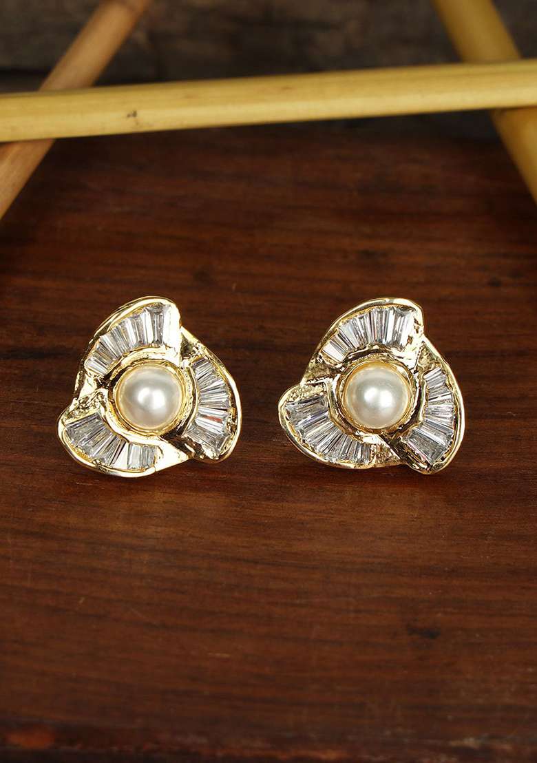 Party Wear Gold Plated Ad And Pearl Studded Stud Earring - Indya