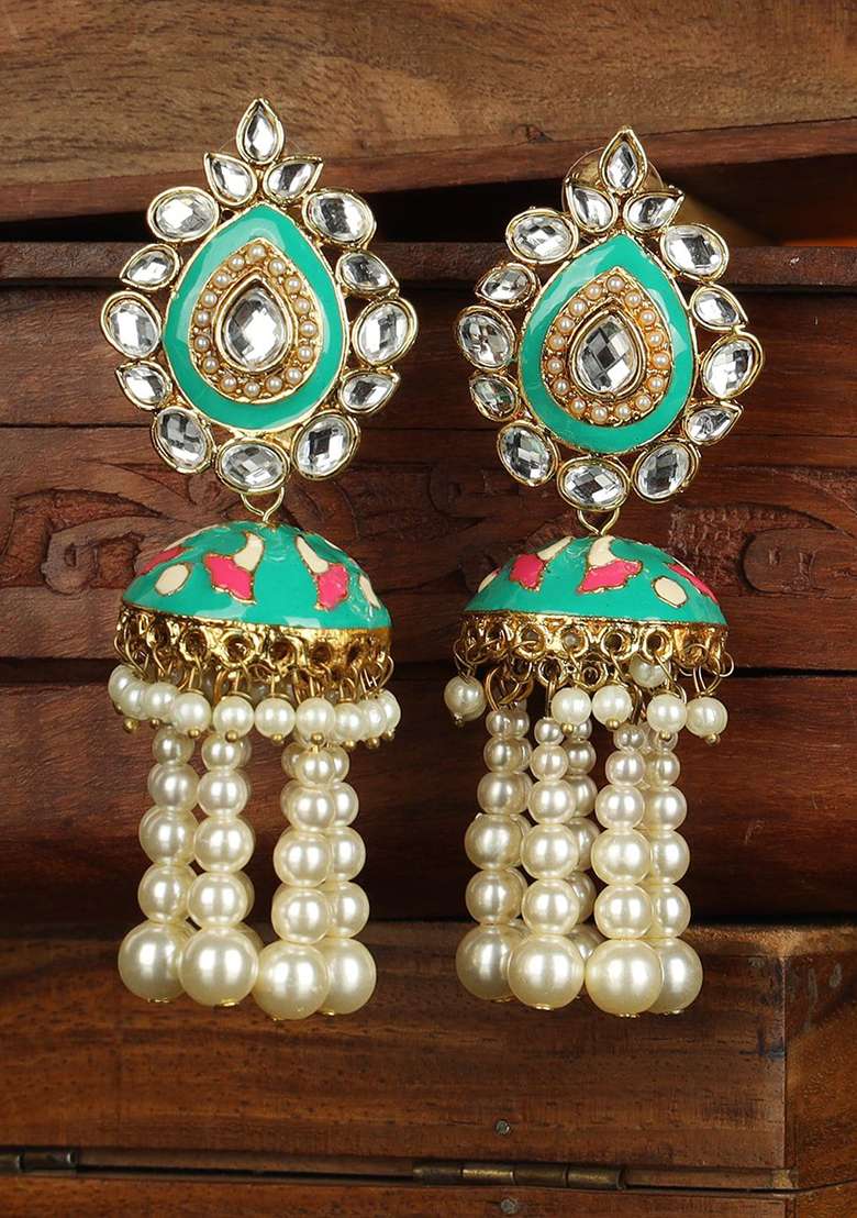 Gold Plated Pearls And Stone Studded Beige Meenakari Classic Jhumka Earrings - Indya