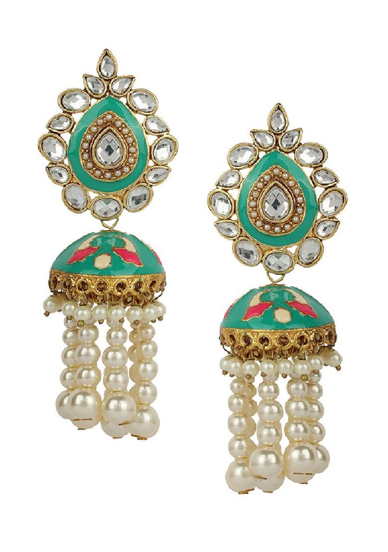 Gold Plated Pearls And Stone Studded Beige Meenakari Classic Jhumka Earrings - Indya