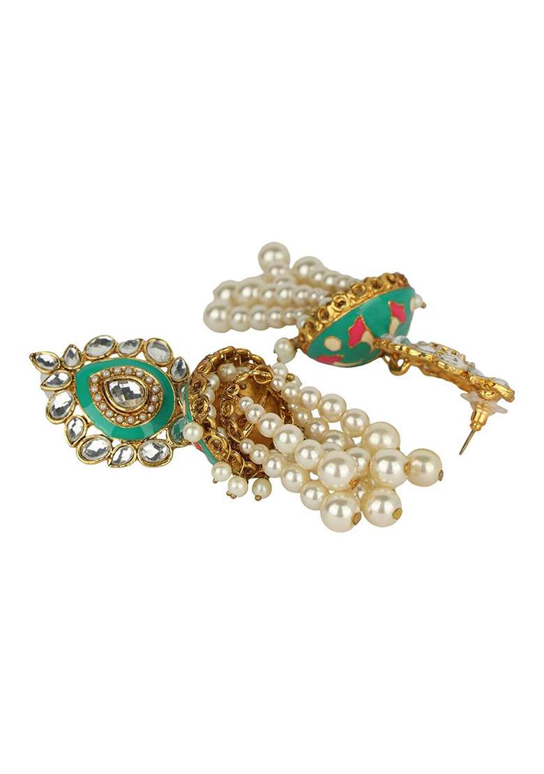 Gold Plated Pearls And Stone Studded Beige Meenakari Classic Jhumka Earrings - Indya