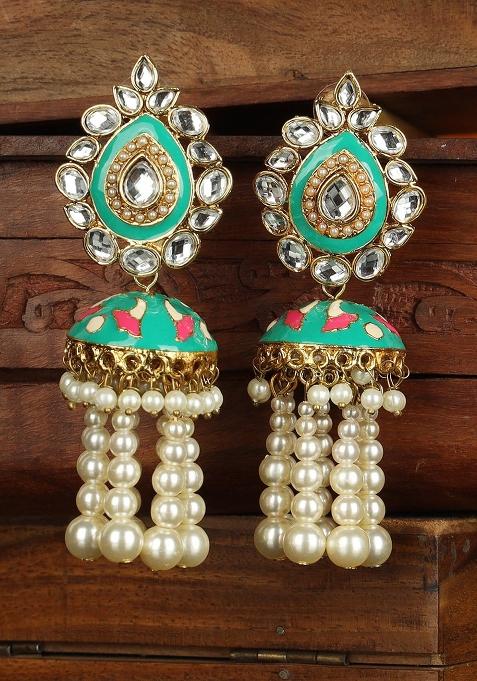 Gold Plated Pearls And Stone Studded Beige Meenakari Classic Jhumka Earrings