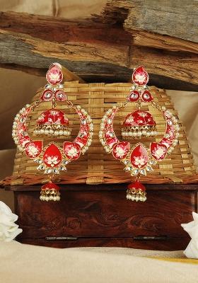 Gold Plated Pearls And Stone Studded Beige Classic Meenakari Chandbaali Earrings