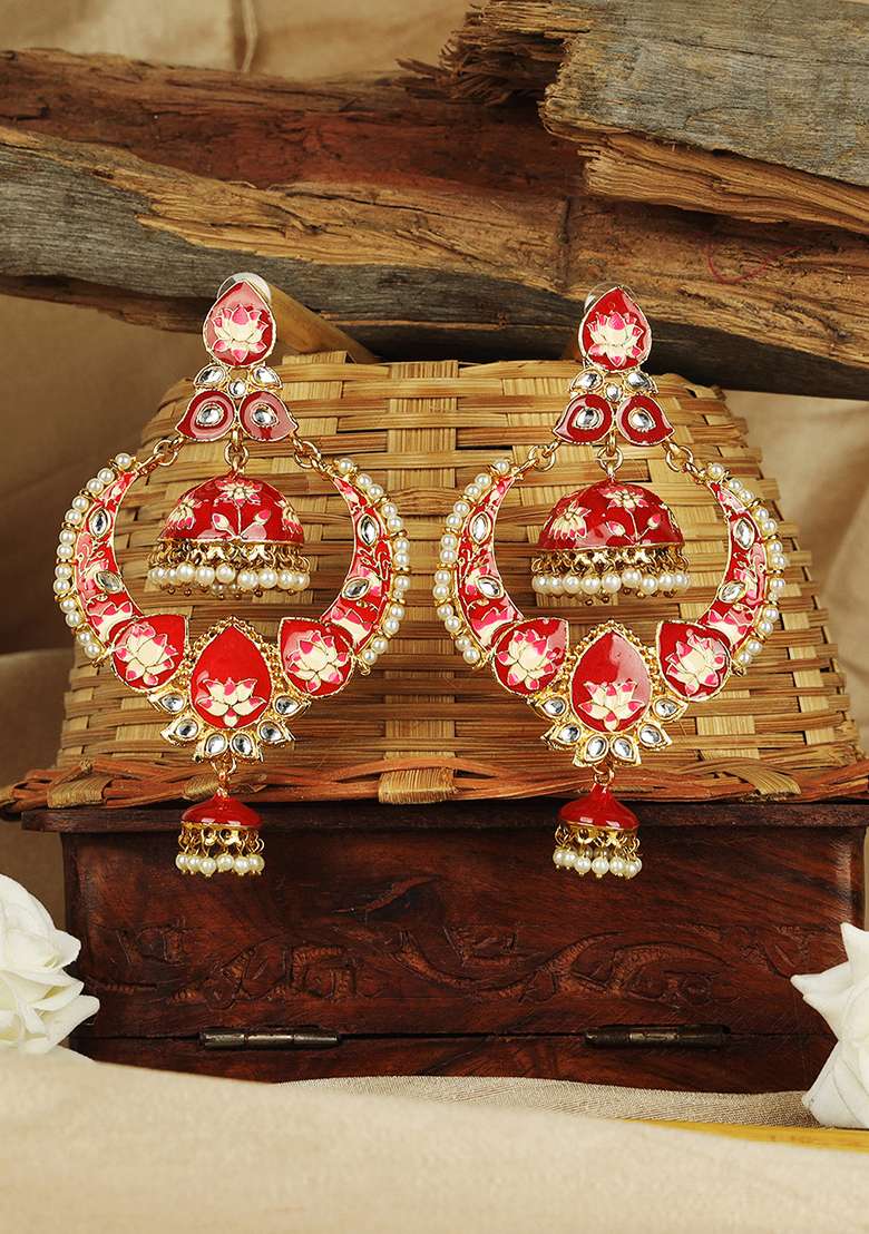 Gold Plated Pearls And Stone Studded Beige Classic Meenakari Chandbaali Earrings - Indya