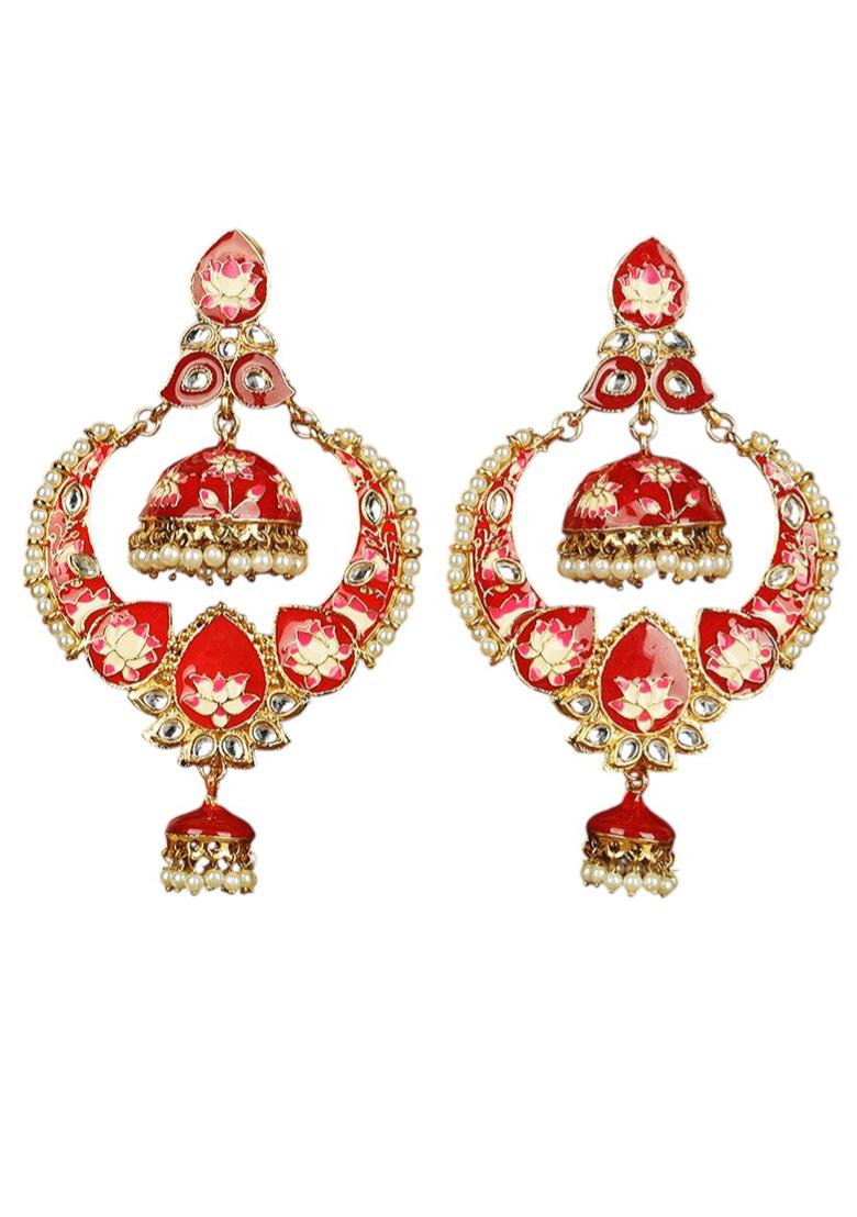 Gold Plated Pearls And Stone Studded Beige Classic Meenakari Chandbaali Earrings - Indya