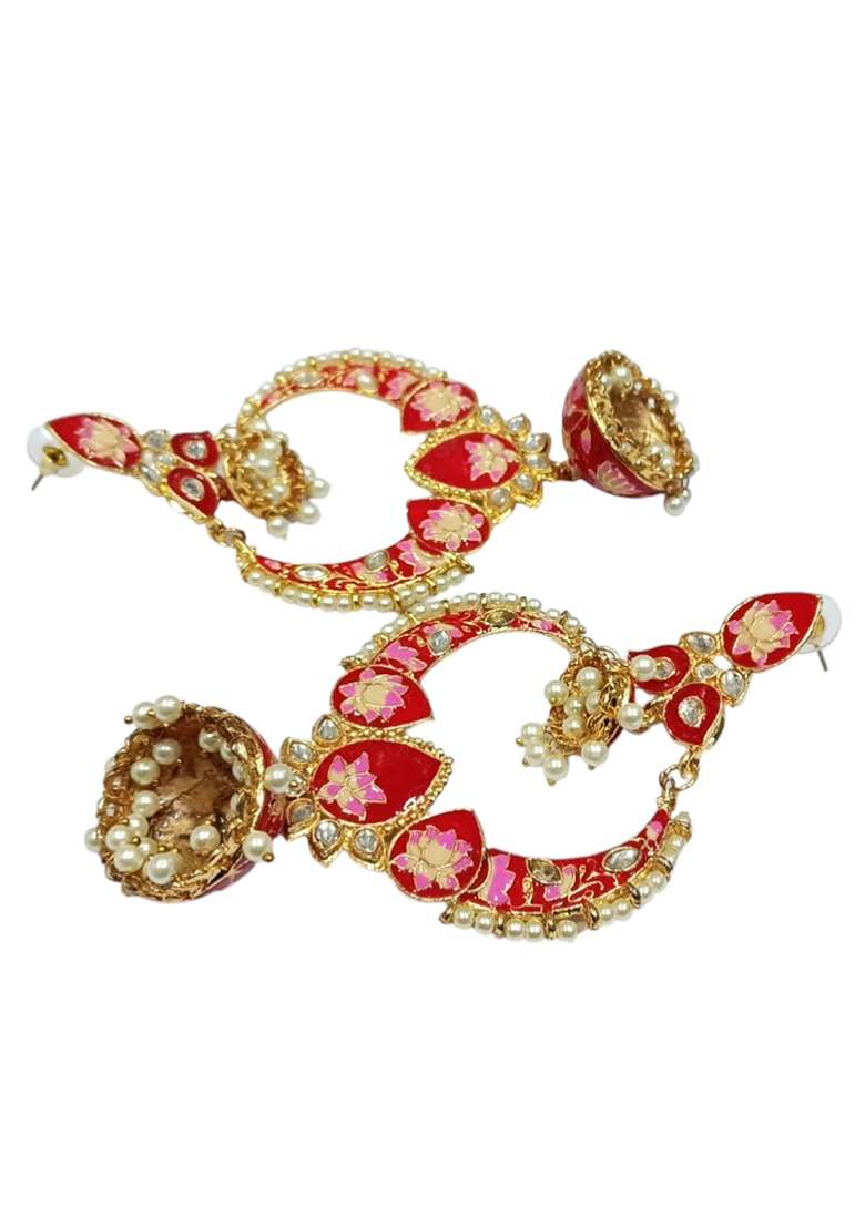 Gold Plated Pearls And Stone Studded Beige Classic Meenakari Chandbaali Earrings - Indya