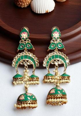 Gold Plated Stone Studded Beaded Enamell Meenakari Drop Jhumka Earring