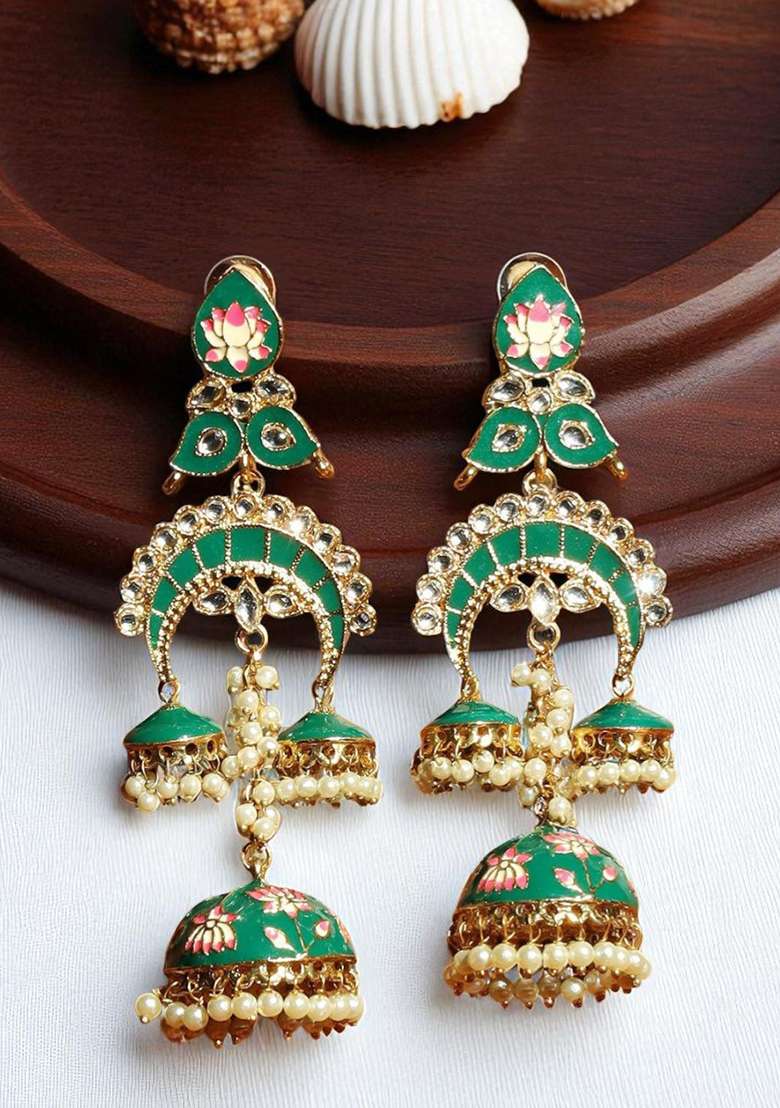 Gold Plated Stone Studded Beaded Enamell Meenakari Drop Jhumka Earring - Indya