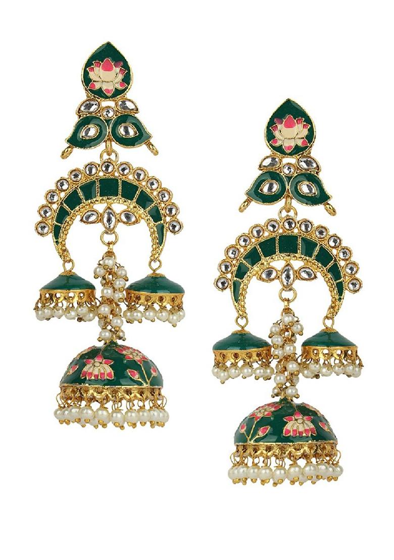 Gold Plated Stone Studded Beaded Enamell Meenakari Drop Jhumka Earring - Indya