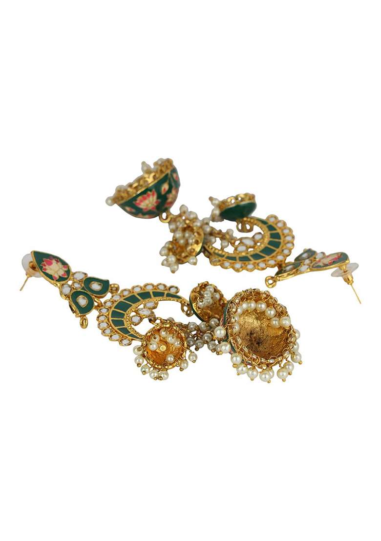 Gold Plated Stone Studded Beaded Enamell Meenakari Drop Jhumka Earring - Indya
