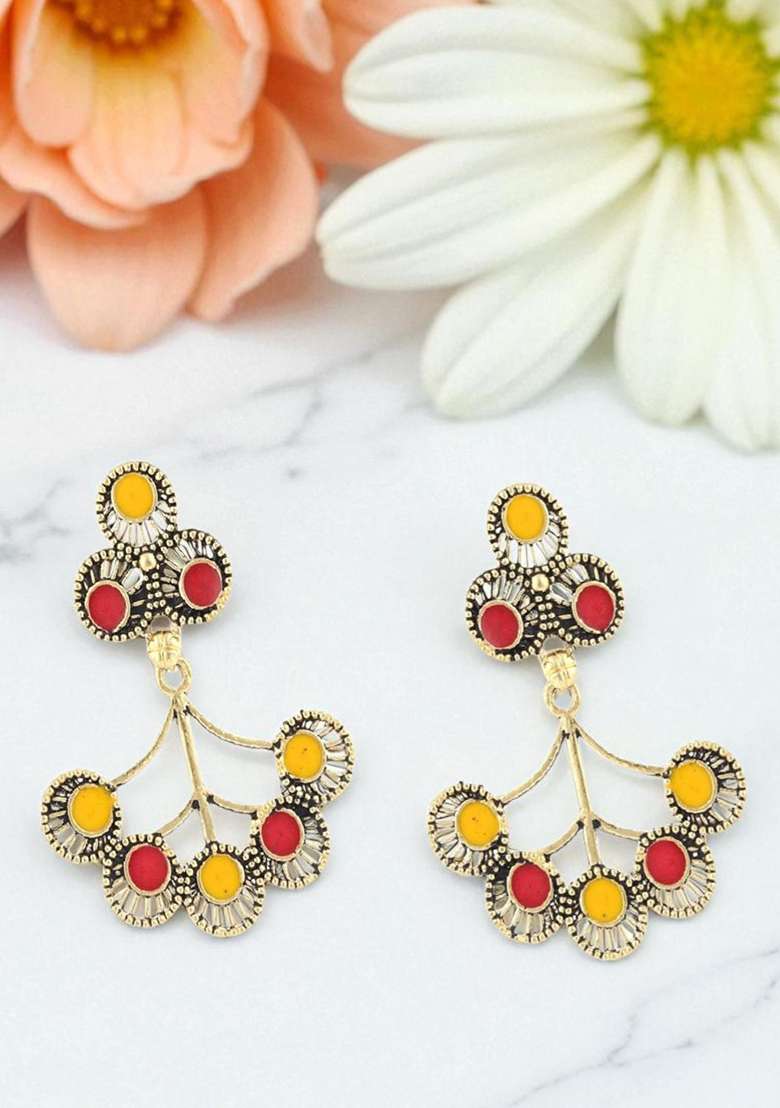 Designer Gold Plated Floral Shape Meenakri Earring Onesize Multi - Indya