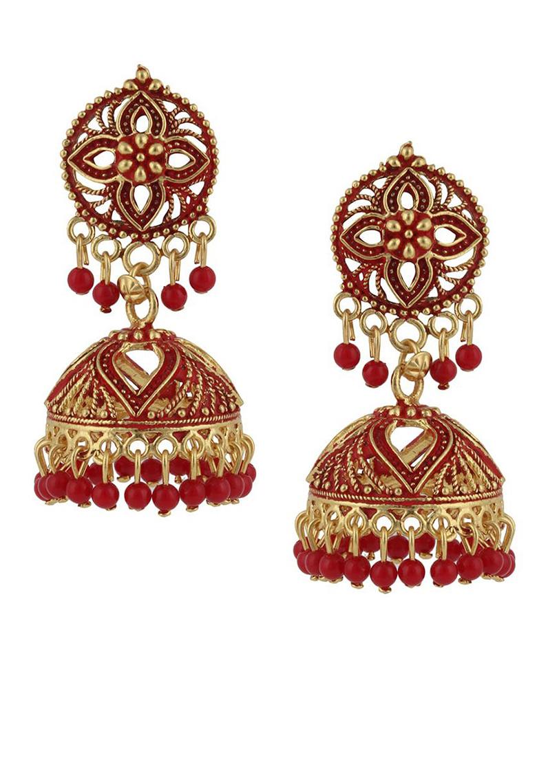 Traditional Gold Plated Enamelled Party Wear Jhumka Earring - Indya