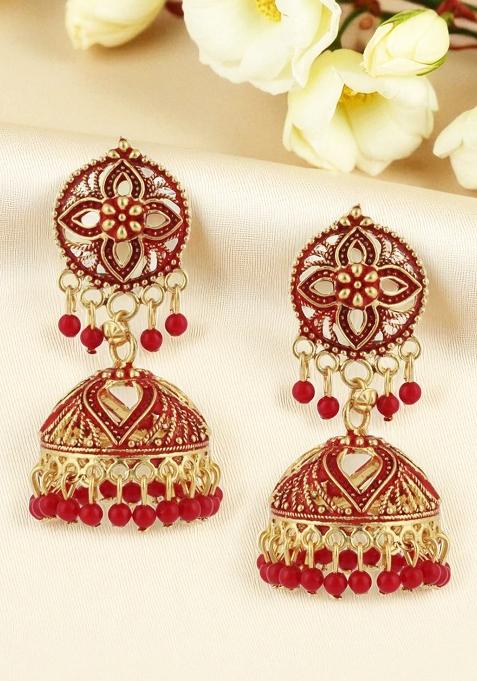Traditional Gold Plated Enamelled Party Wear Jhumka Earring