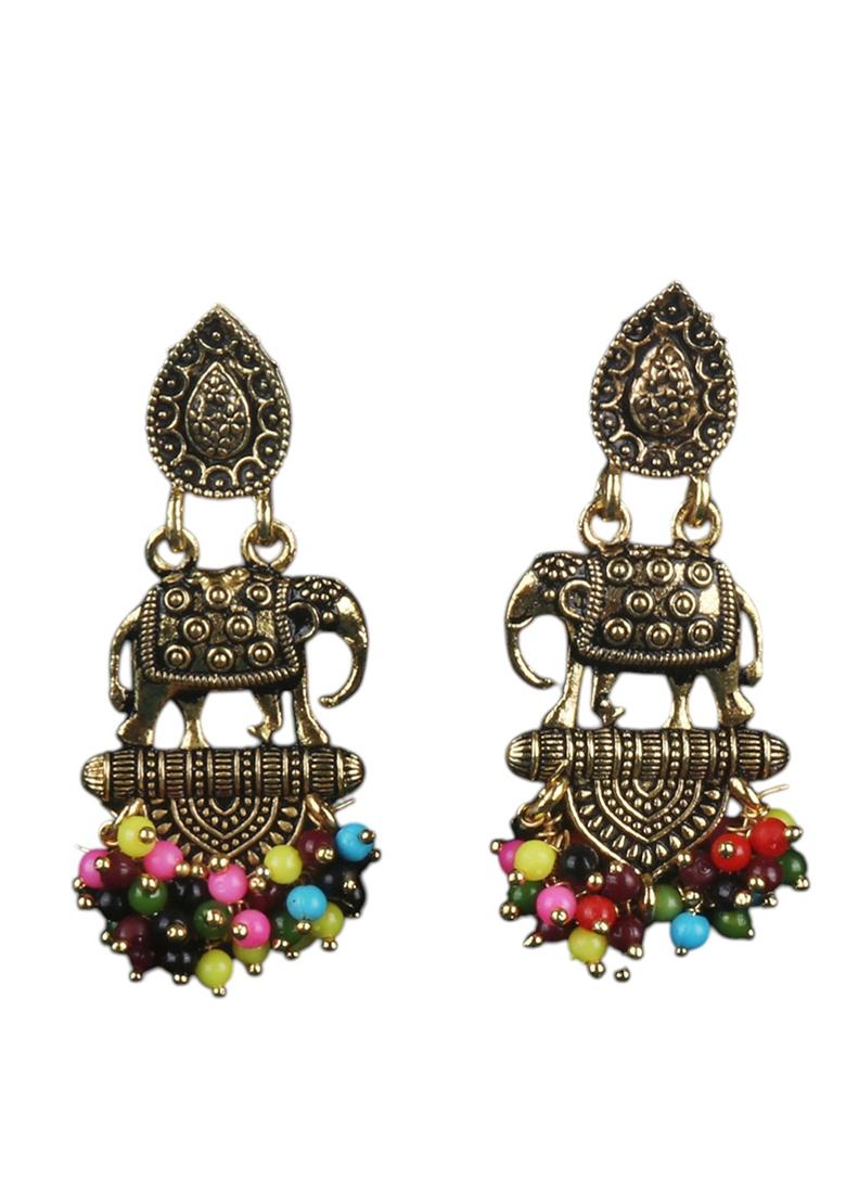 Traditional Gold Plated Antique Elephant Shape Drop Earring Onesize Multi - Indya