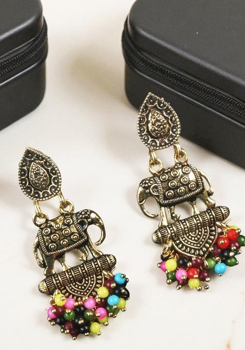 Traditional Gold Plated Antique Elephant Shape Drop Earring Onesize Multi