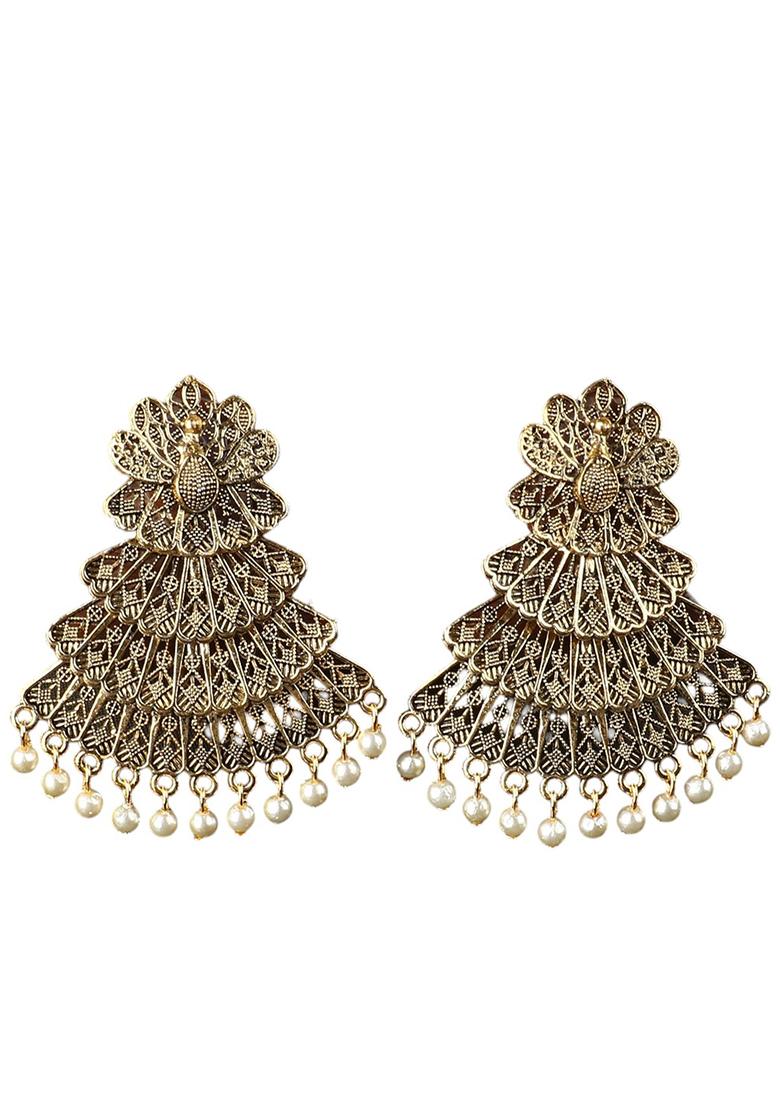 Designer Gold Plated Antique Layered Earrings - Indya