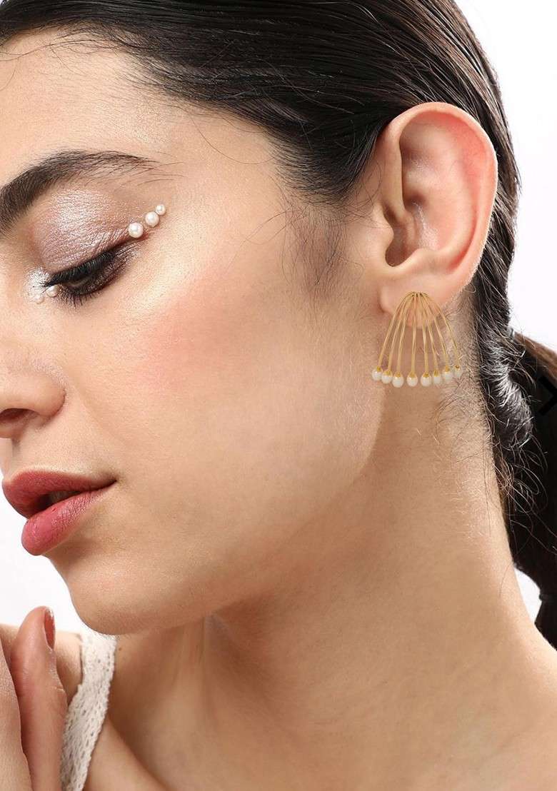 18K Gold Plated Contemporary Pearl Beaded Stud Earrings - Indya