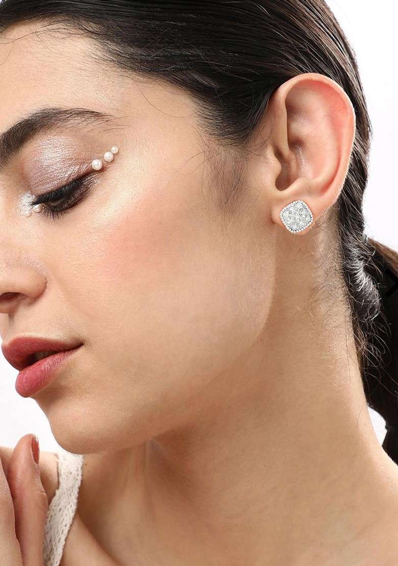 Silver Plated Cubic Zirconia Studded Contemporary Studs Earrings - Indya