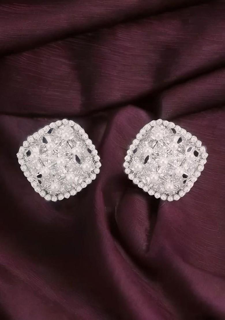 Silver Plated Cubic Zirconia Studded Contemporary Studs Earrings - Indya