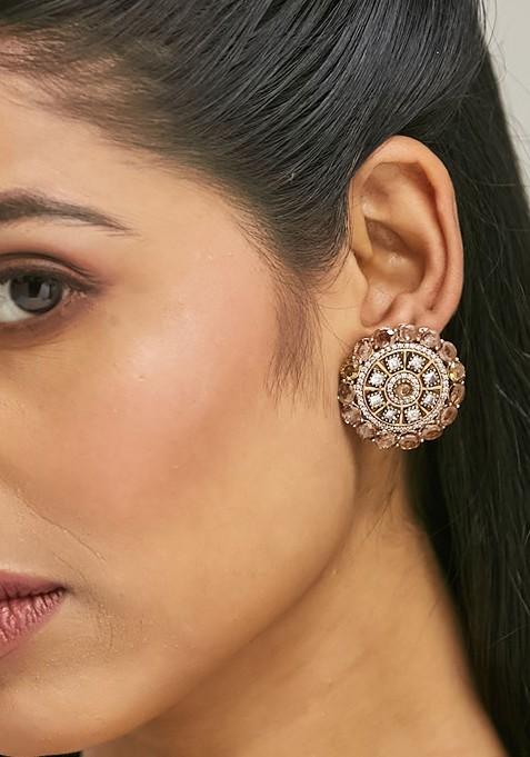 Vintage Inspired Gold Plated Crystals Stone Studded Round Studs