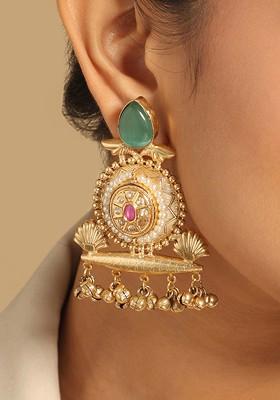 Gold Plated Artificial Stones Studded Contemporary Shaped Drop Earrings