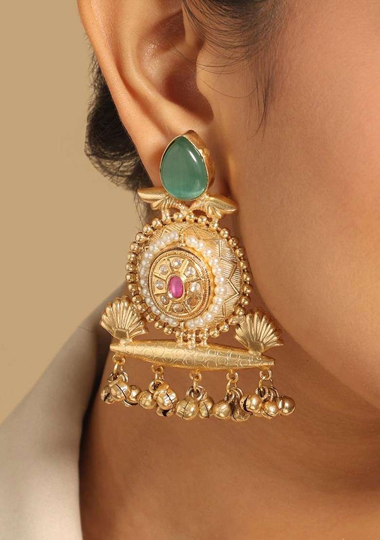 Gold Plated Artificial Stones Studded Contemporary Shaped Drop Earrings - Indya