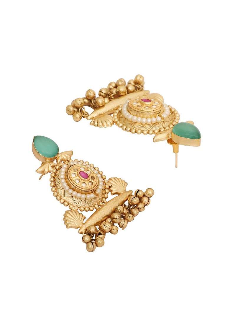Gold Plated Artificial Stones Studded Contemporary Shaped Drop Earrings - Indya