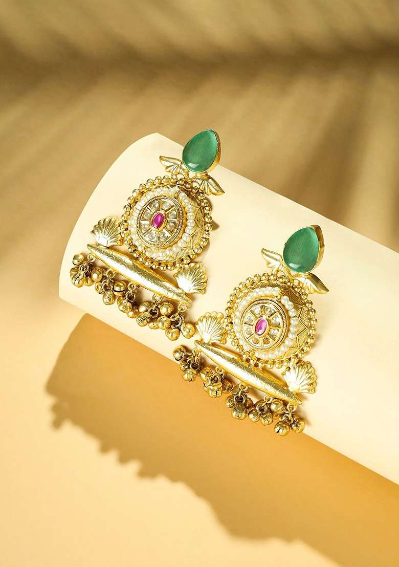 Gold Plated Artificial Stones Studded Contemporary Shaped Drop Earrings - Indya
