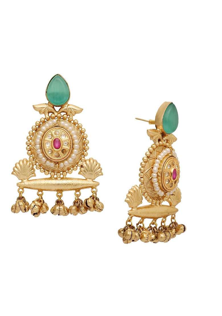 Gold Plated Artificial Stones Studded Contemporary Shaped Drop Earrings - Indya
