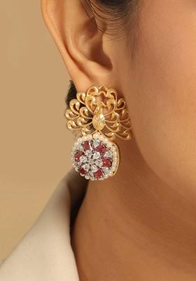 22K Gold Plated Cz Studded Peacock Motif Statement Stud Earrings