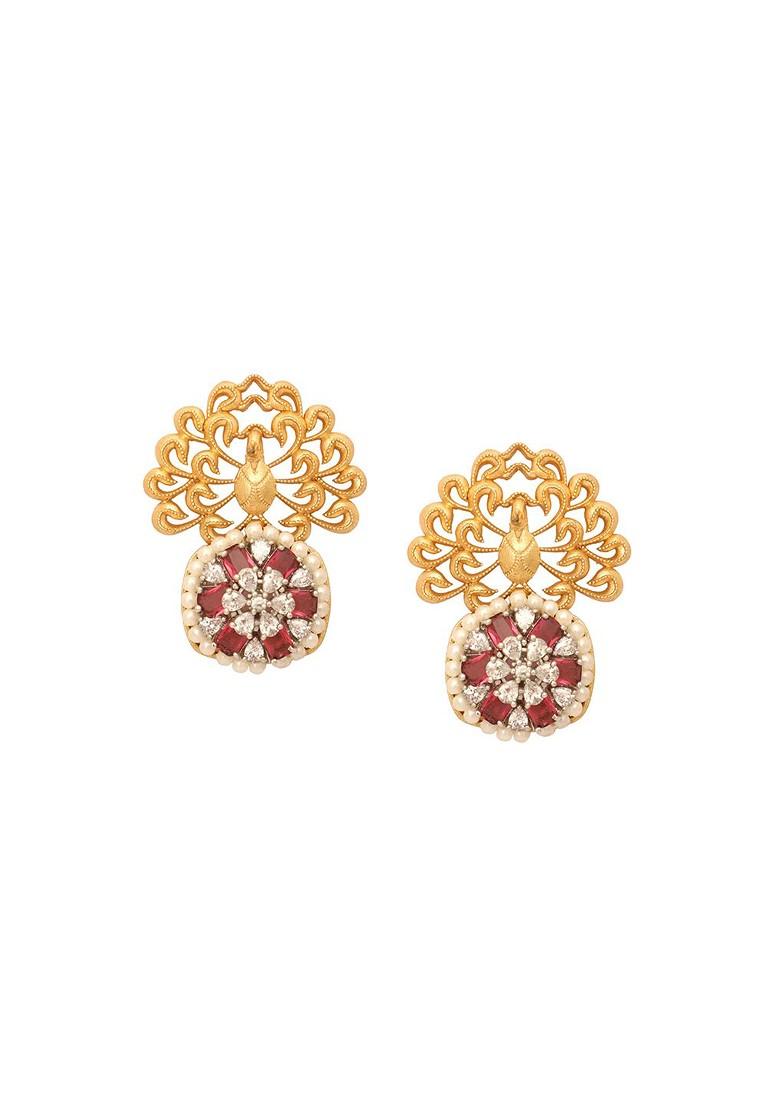 22K Gold Plated Cz Studded Peacock Motif Statement Stud Earrings - Indya
