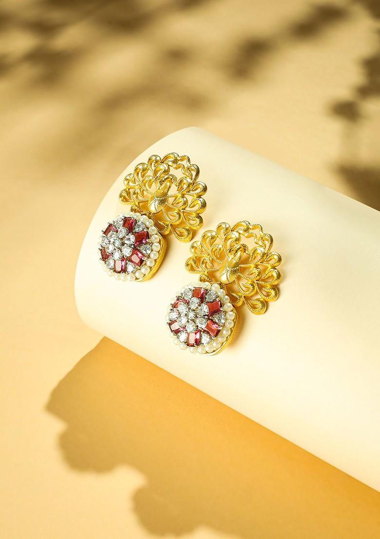 22K Gold Plated Cz Studded Peacock Motif Statement Stud Earrings - Indya