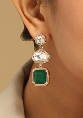 22K Gold Plated Faux Emerald Stone Kundan Studded Contemporary Drop Earrings