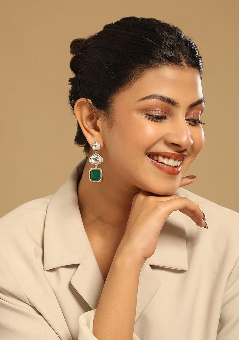 22K Gold Plated Faux Emerald Stone Kundan Studded Contemporary Drop Earrings - Indya