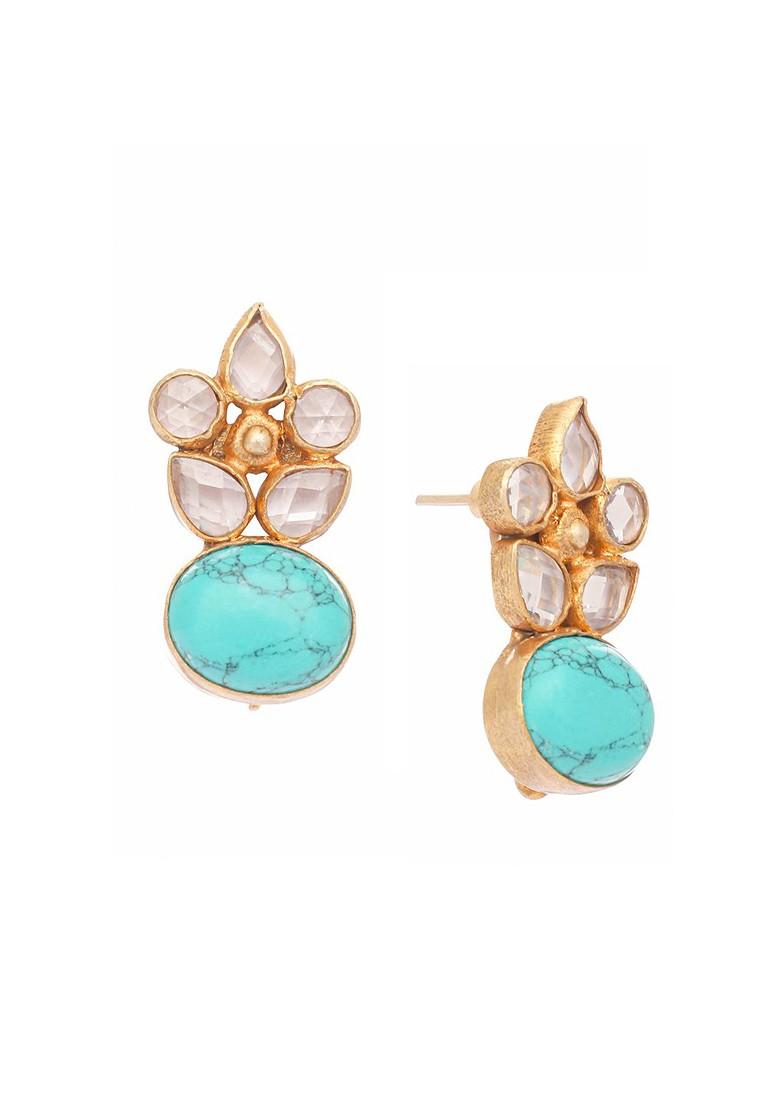 22K Gold Plated Turquoise Studded Contemporary Shaped Studs - Indya