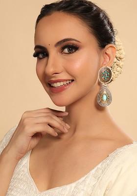 Gold Plated Artificial Stones Studded Beaded Teardrop Shaped Drop Earrings