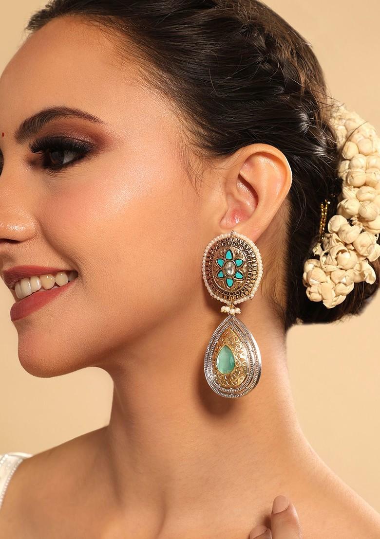 Gold Plated Artificial Stones Studded Beaded Teardrop Shaped Drop Earrings - Indya