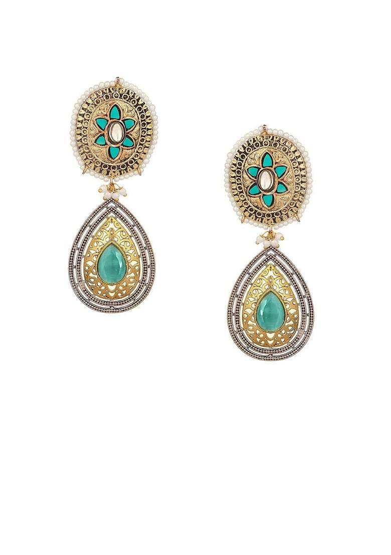 Gold Plated Artificial Stones Studded Beaded Teardrop Shaped Drop Earrings - Indya