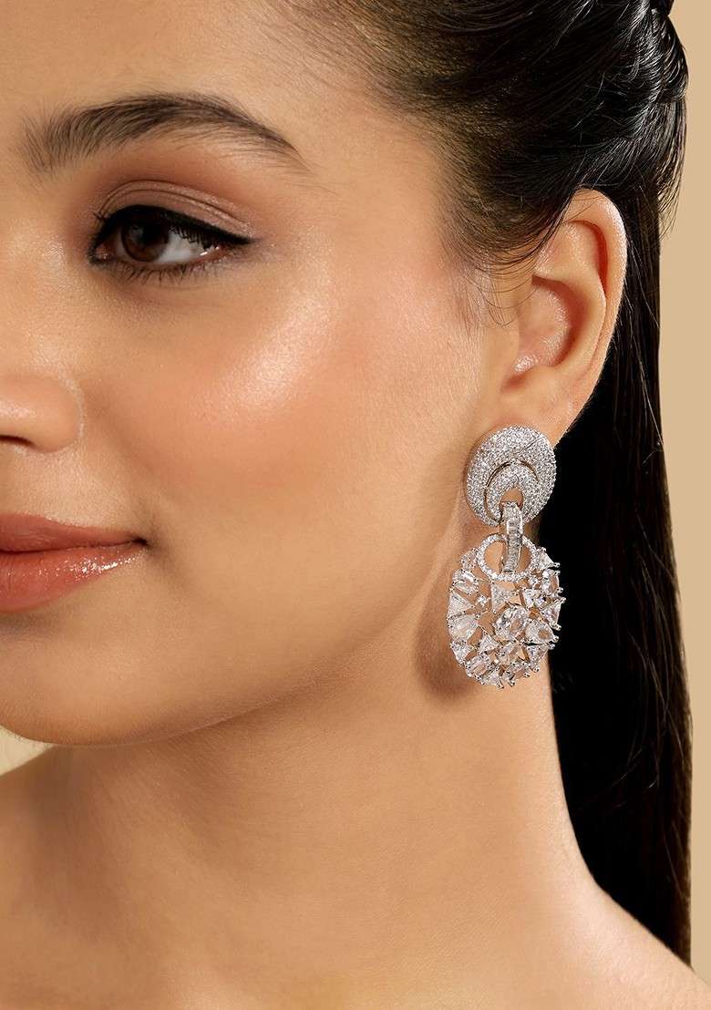 Rhodium Plated Cubic Zirconia Studded Geometric Drop Earrings - Indya