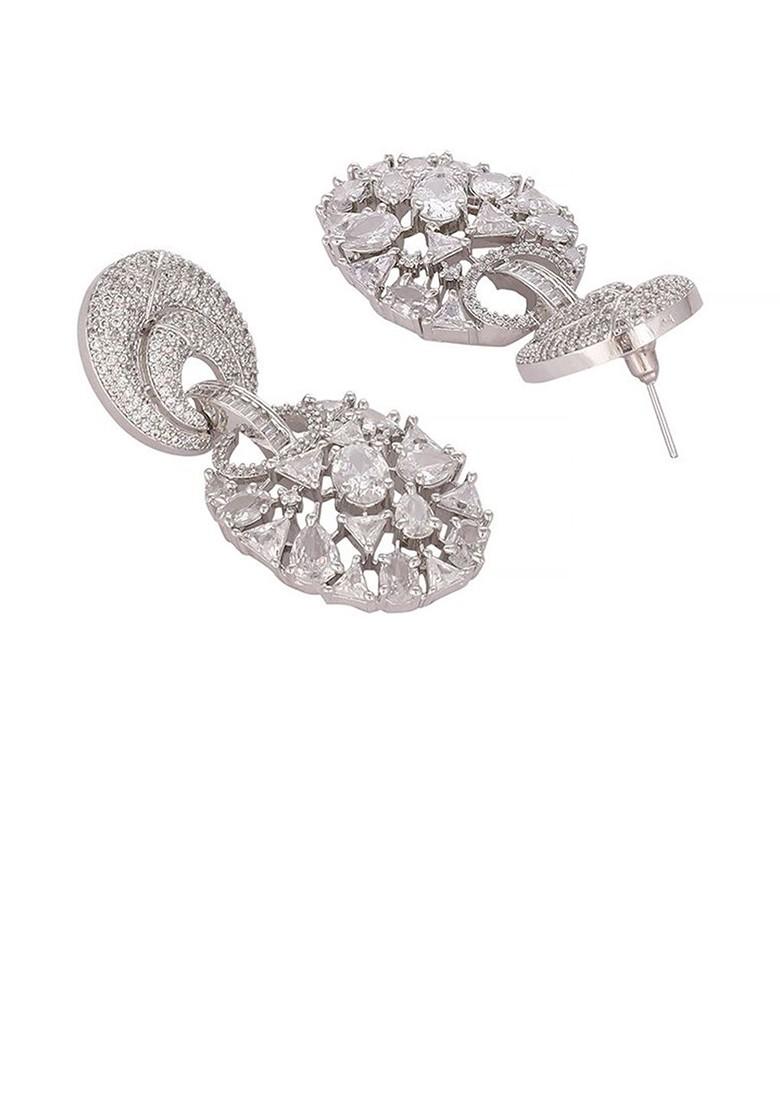 Rhodium Plated Cubic Zirconia Studded Geometric Drop Earrings - Indya