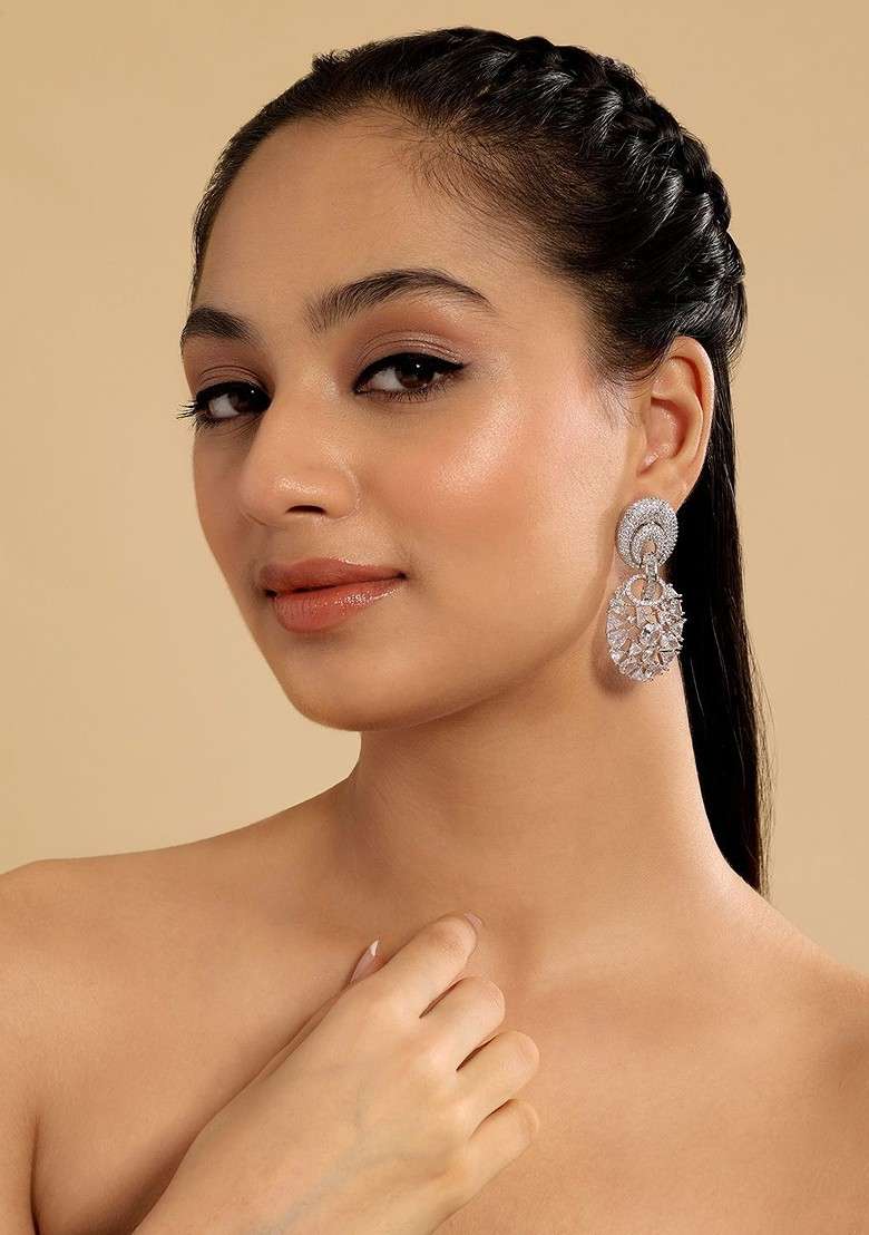 Rhodium Plated Cubic Zirconia Studded Geometric Drop Earrings - Indya