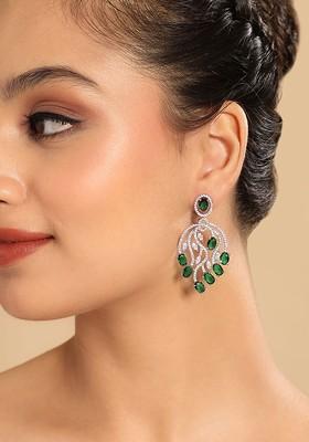 Rhodium Plated Cubic Zirconia Studded Leaf Shaped Drop Earrings