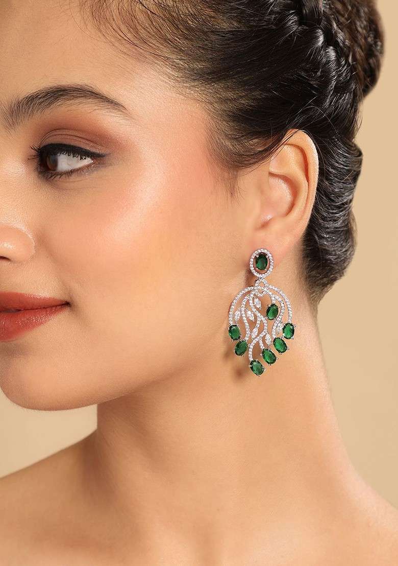 Rhodium Plated Cubic Zirconia Studded Leaf Shaped Drop Earrings - Indya